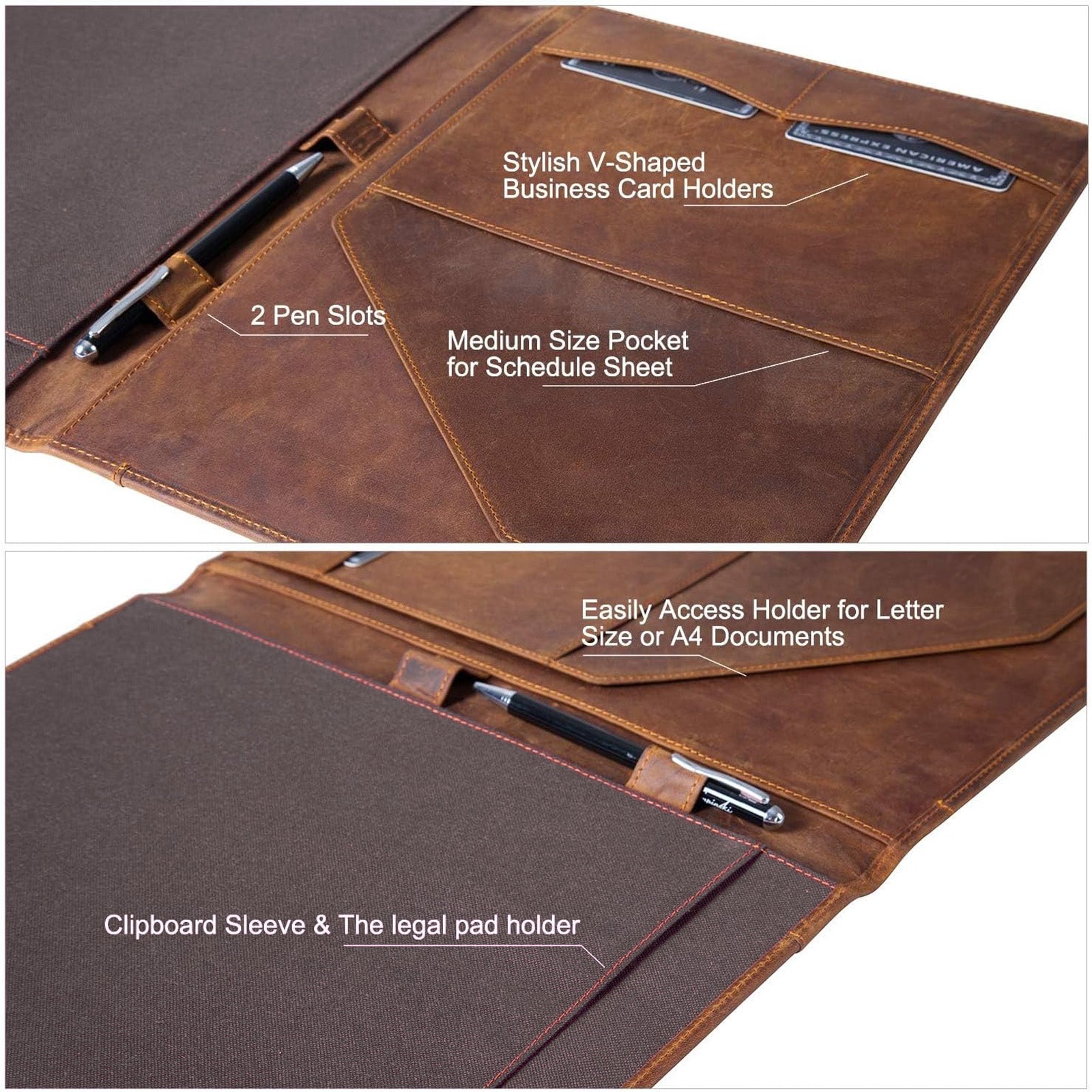 Leather Portfolio, A4 Document Folder Legal Pad Padfolio, Professional Writing Letter Notepad Clipboard Sleeve Organizer, Resume Folio Binder for Men&Women